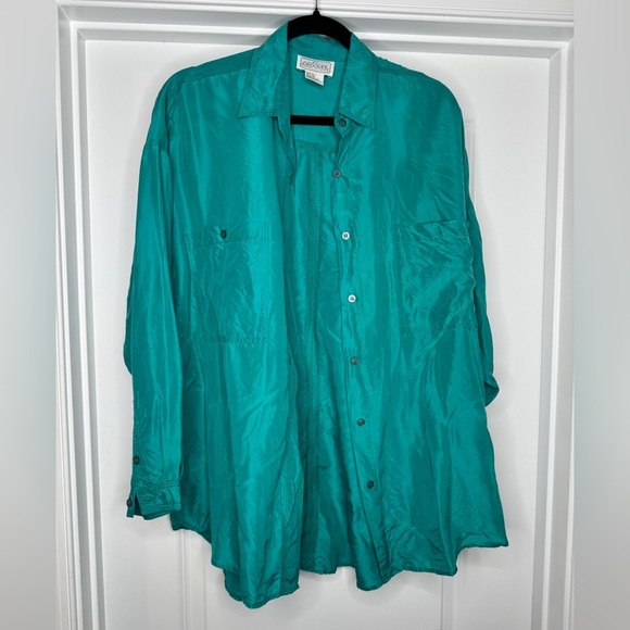 Vintage Croquet Club Women’s Teal 100% Silk Button Down / Button Up Blouse, Sz M - Picture 1 of 6